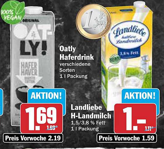 Oatly Haferdrink und Landliebe H-Landmilch im Angebot