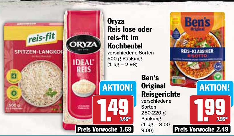 Oryza Reis lose oder reis-fit im Kochbeutel (500 g) und Ben's Original Reisgerichte (250-220 g)