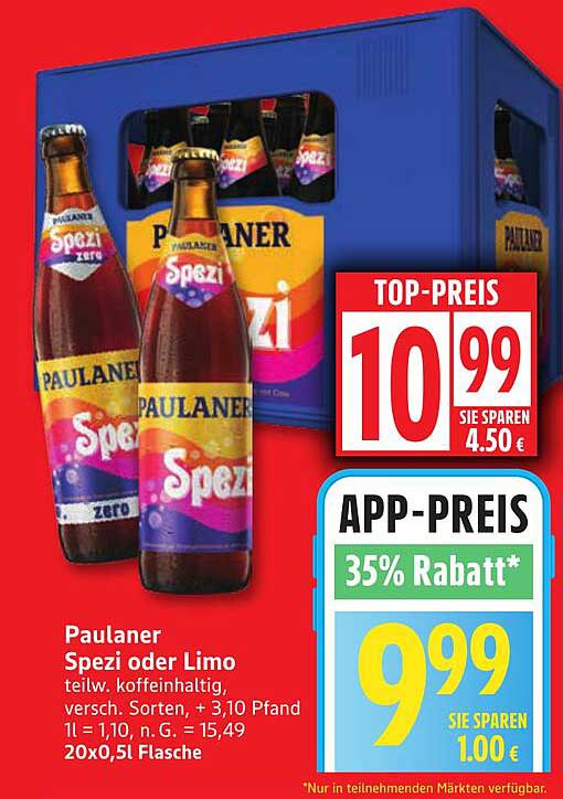 Paulaner Spezi oder Limo 20x0,51 Flasche