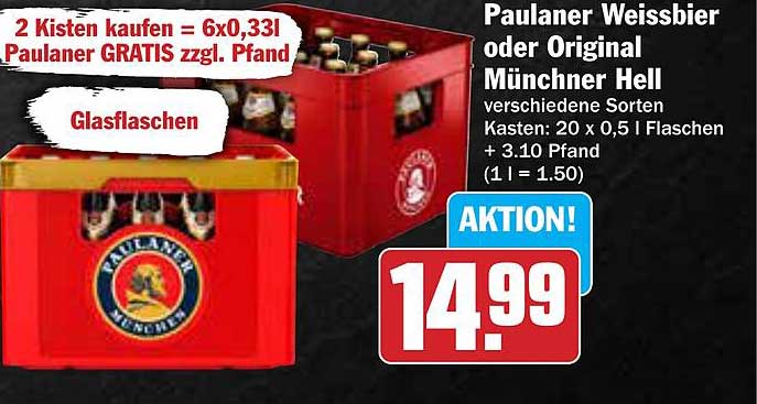 Paulaner Weissbier oder Original Münchner Hell - 2 Kisten kaufen = 6x0,33l Paulaner GRATIS