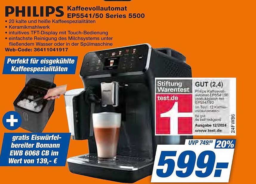 PHILIPS Kaffeevollautomat EP5541/50 Series 5500 mit gratis Eiswürfelbereiter