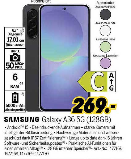 Samsung Galaxy A36 5G (128GB) – Preis: 269,- Euro