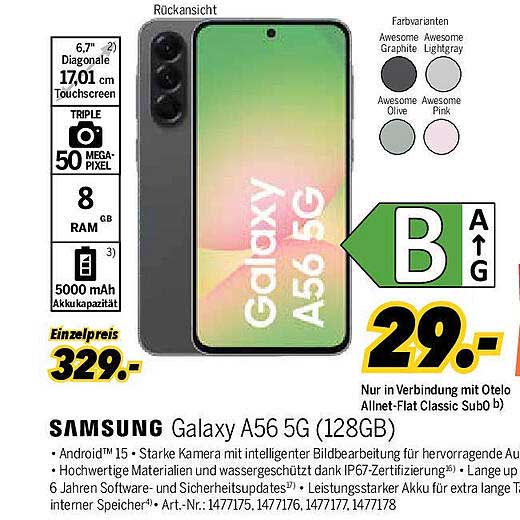 Samsung Galaxy A56 5G (128GB) für nur 29,- €