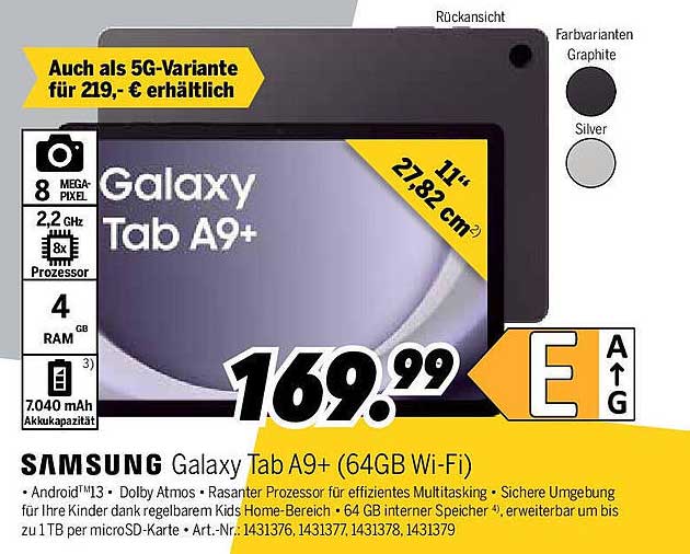 Samsung Galaxy Tab A9+ (64GB Wi-Fi) für nur 169,99 €