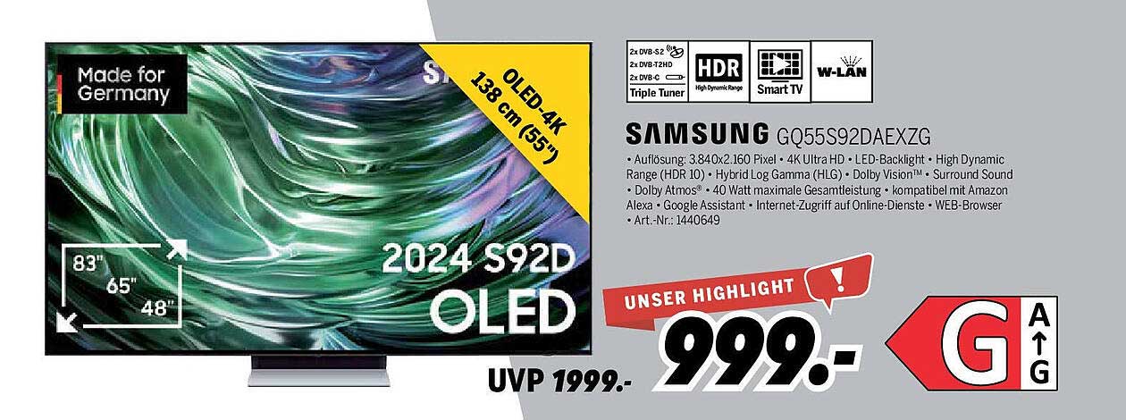 Samsung GQ55S92DAEXZG - 138 cm (55 Zoll) OLED 4K TV