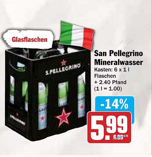San Pellegrino Mineralwasser Kasten: 6 x 1 l Flaschen
