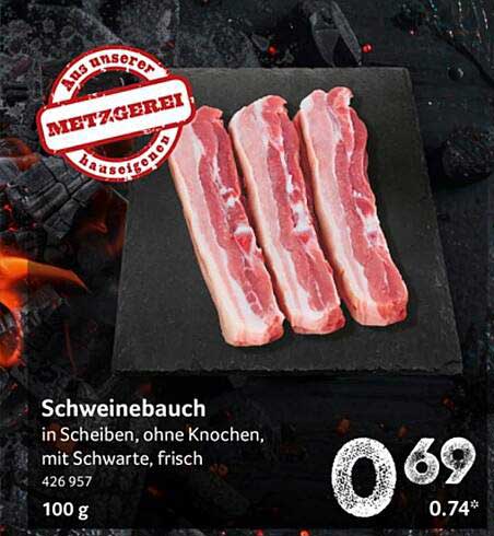 Schweinebauch in Scheiben, ohne Knochen, mit Schwarte, frisch