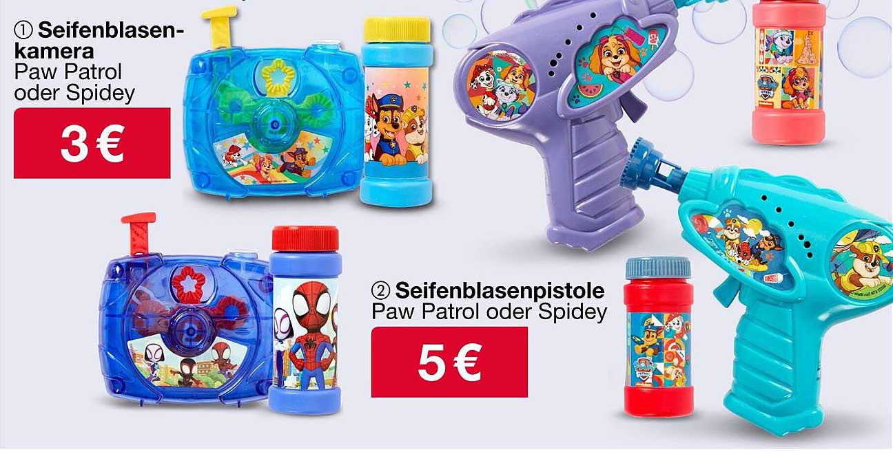 Seifenblasenkamera und Seifenblasenpistole – Paw Patrol oder Spidey
