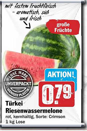 Türkei Riesenwassermelone, rot, kernhaltig, Sorte: Crimson, 1 kg Lose