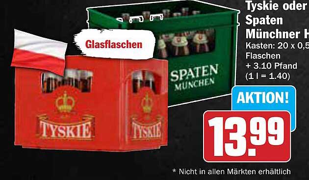 Tyskie oder Spaten Münchner Hell 20 x 0,5 l Glasflaschen