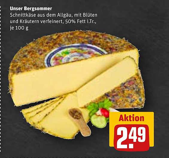 Unser Bergsommer Schnittkäse aus dem Allgäu, mit Blüten und Kräutern verfeinert, 50% Fett i.Tr., je 100 g