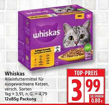 Whiskas Alleinfuttermittel für ausgewachsene Katzen, 12x85g Packung