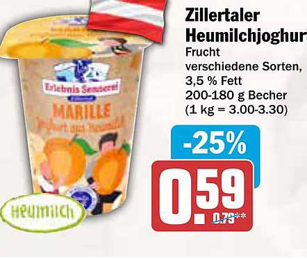 Zillertaler Heumilchjoghurt - Frucht verschiedene Sorten, 3,5 % Fett, 200-180 g Becher