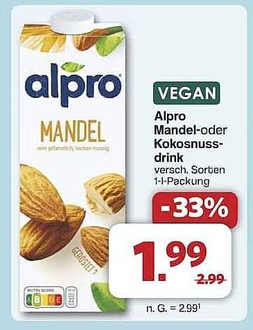 Alpro Mandel- oder Kokosnussdrink 1l-Packung – 33% Rabatt!