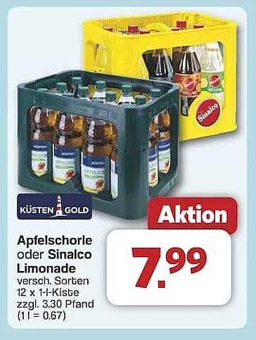 Apfelschorle oder Sinalco Limonade 12 x 1-L-Kiste