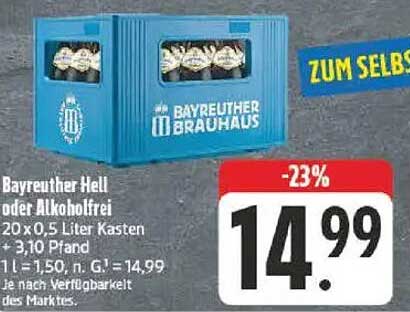 Bayreuther Hell oder Alkoholfrei 20 x 0,5 Liter Kasten