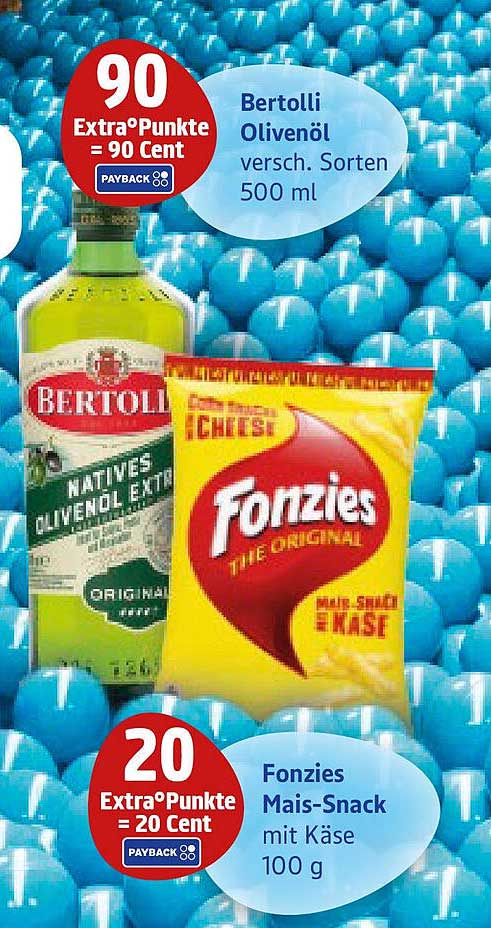 Bertolli Olivenöl und Fonzie Mais-Snack