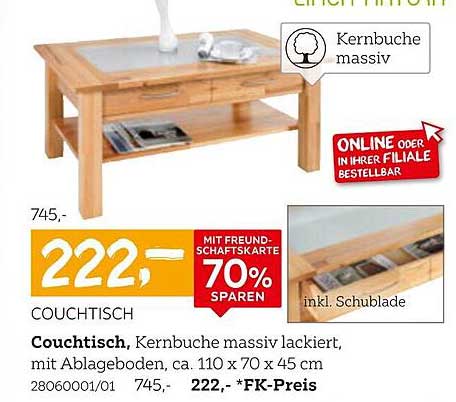 Couchtisch, Kernbuche massiv lackiert mit Ablageboden