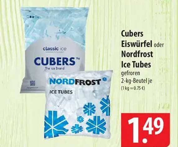 Cubers Eiswürfel oder Nordfrost Ice Tubes gefroren 2-kg-Beutel je (1 kg = 0,75 €)