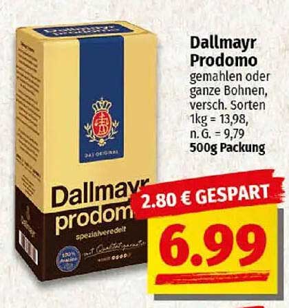 Dallmayr Prodomo gemahlen oder ganze Bohnen, 500g Packung