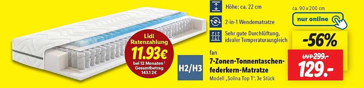 fan 7-Zonen-Tonnentaschenfederkern-Matratze Mod. „Solina Top T"