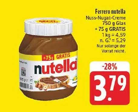 Ferrero nutella Nuss-Nugat-Creme 750 g Glas + 75 g GRATIS