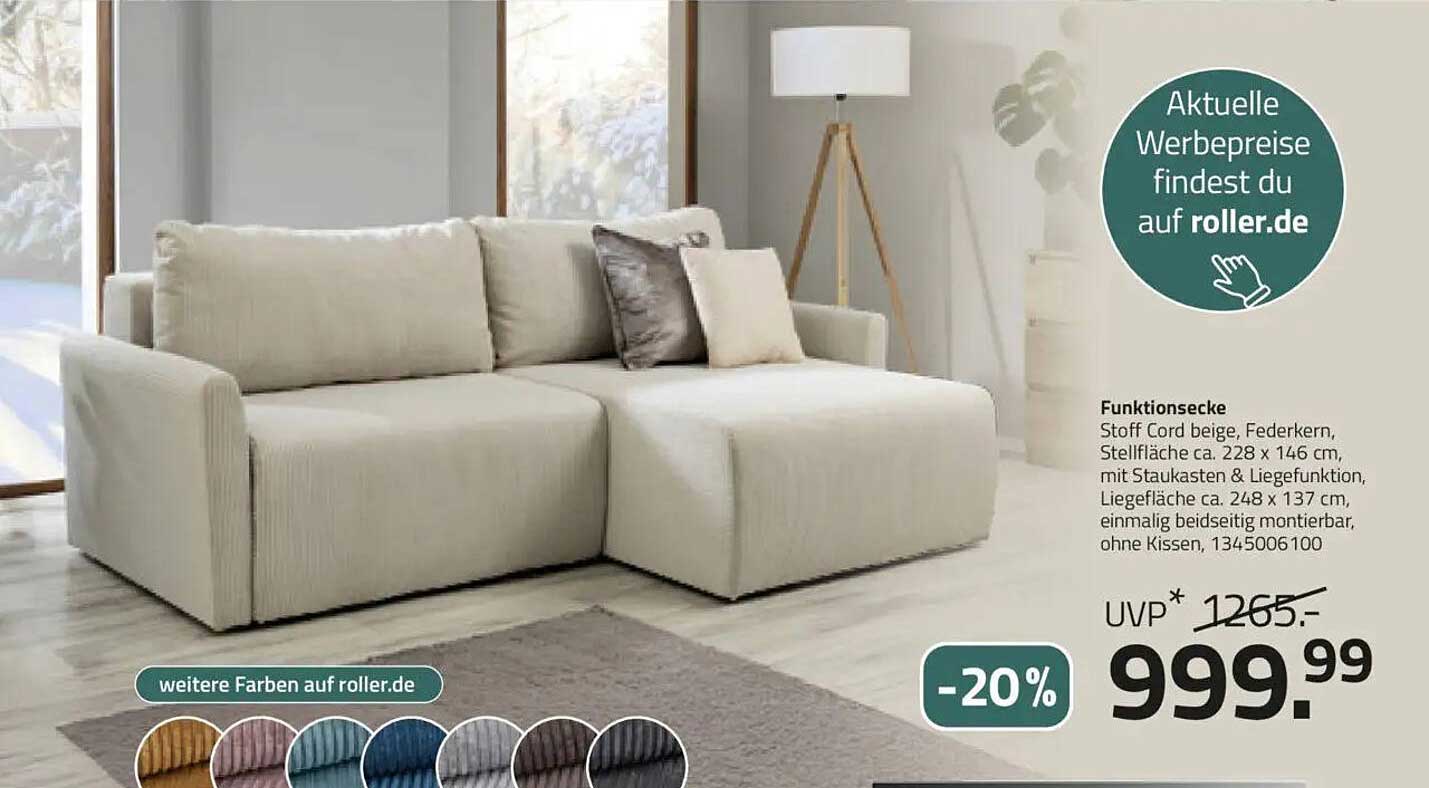 Funktionsecke aus Stoff Cord beige mit Staufunktion