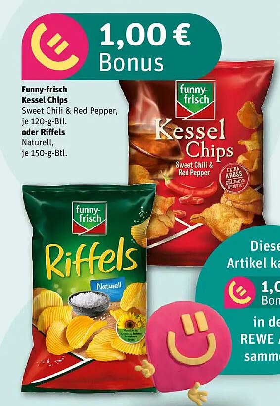 Funny-frisch Kessel Chips Sweet Chili & Red Pepper oder Riffels Naturell