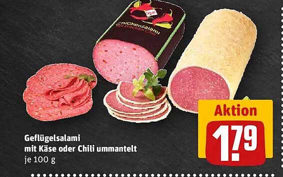 Geflügelsalami mit Käse oder Chili ummantelt je 100 g