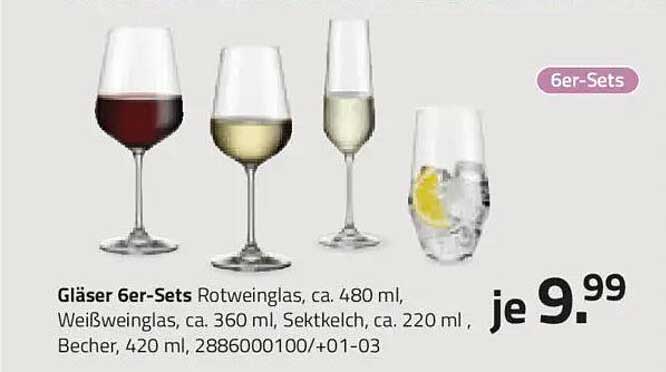 Gläser 6er-Sets Rotweinglas, Weißweinglas, Sektkelch und Becher