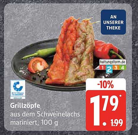 Grillzöpfe aus dem Schweinelachs mariniert, 100 g