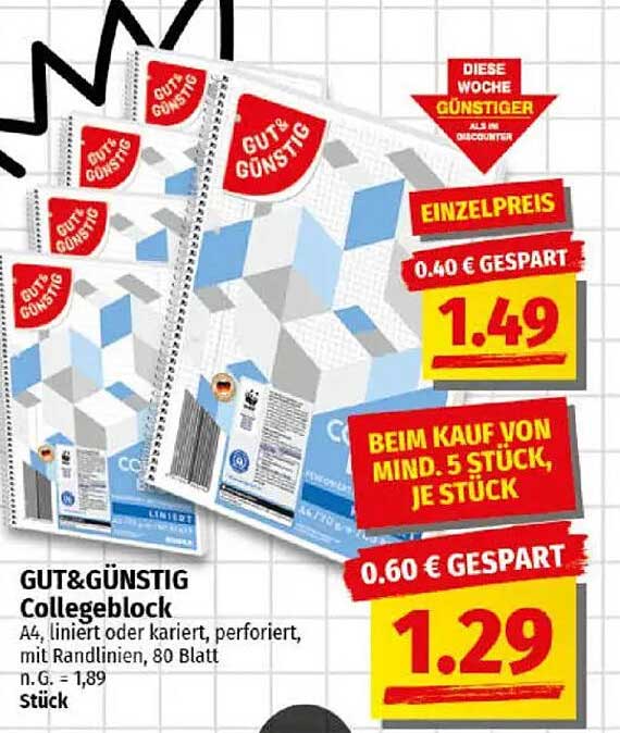 GUT&GÜNSTIG Collegeblock A4, 80 Blatt