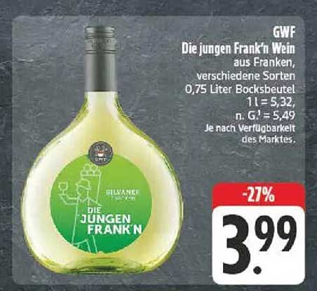 GWF Die jungen Frank'n Wein aus Franken, verschiedene Sorten 0,75 Liter Bocksbeutel