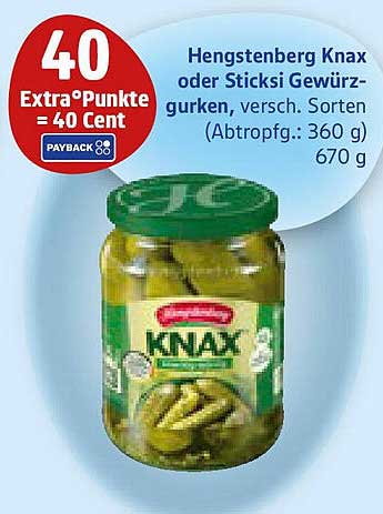 Hengstenberg Knax oder Sticksi Gewürzgurken, versch. Sorten (Abtropfgewicht: 360 g, Inhalt: 670 g)