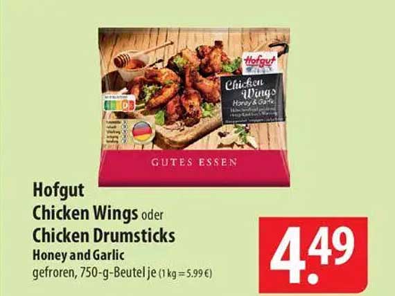 Hofgut Chicken Wings oder Chicken Drumsticks Honey and Garlic, gefroren, 750-g-Beutel