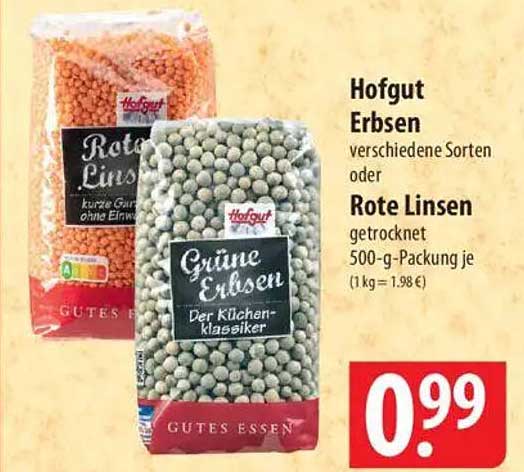 Hofgut Erbsen verschiedene Sorten oder Rote Linsen getrocknet 500-g-Packung je (1 kg = 1,98 €)