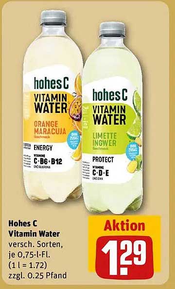 hohes C Vitamin Water, verschiedene Sorten