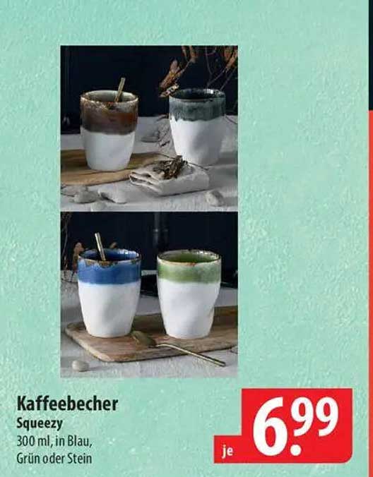 Kaffeebecher Squeezy 300 ml in Blau, Grün oder Stein