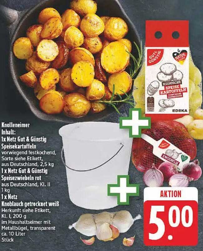 Knolleneimer mit Speisekartoffeln, Zwiebeln und Knoblauch