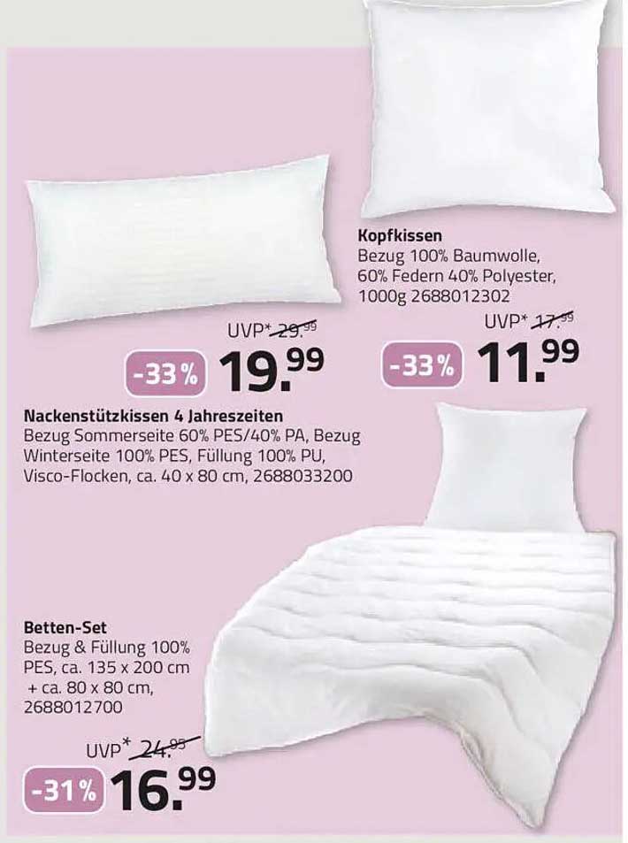 Kopfkissen, Nackenstützkissen 4 Jahreszeiten und Betten-Set