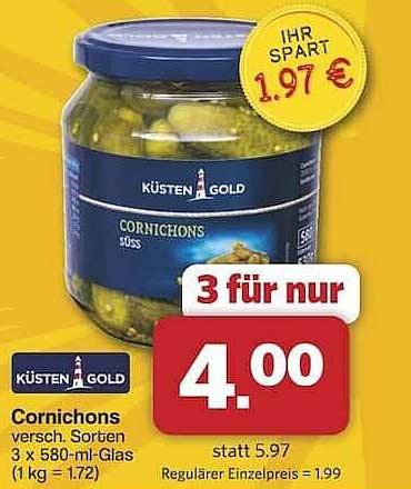 Küsten Gold Cornichons 3 x 580 ml für nur 4,00 €
