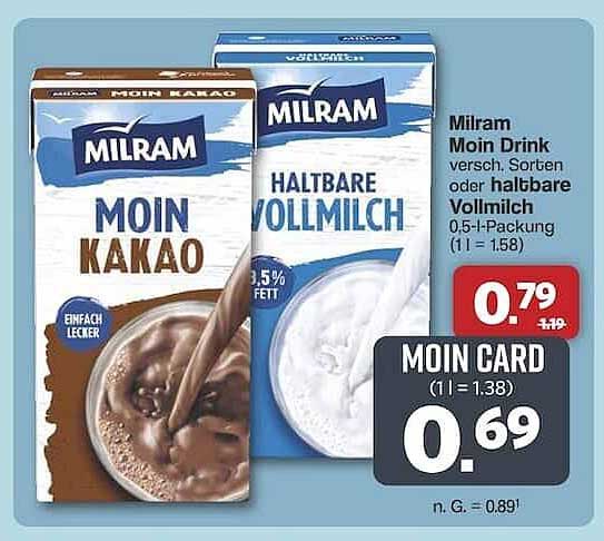 Milram Moin Drink - Moin Kakao oder halbare Vollmilch 0.5-l-Packung