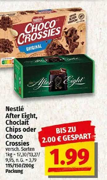 Nestlé After Eight, Choclit Chips oder Choco Crossies