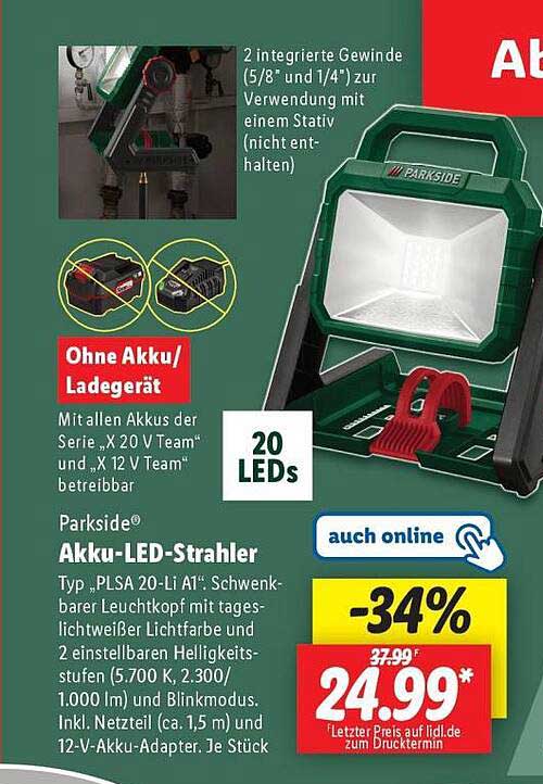 Parkside Akku-LED-Strahler Typ "PLSA 20-Li A1"