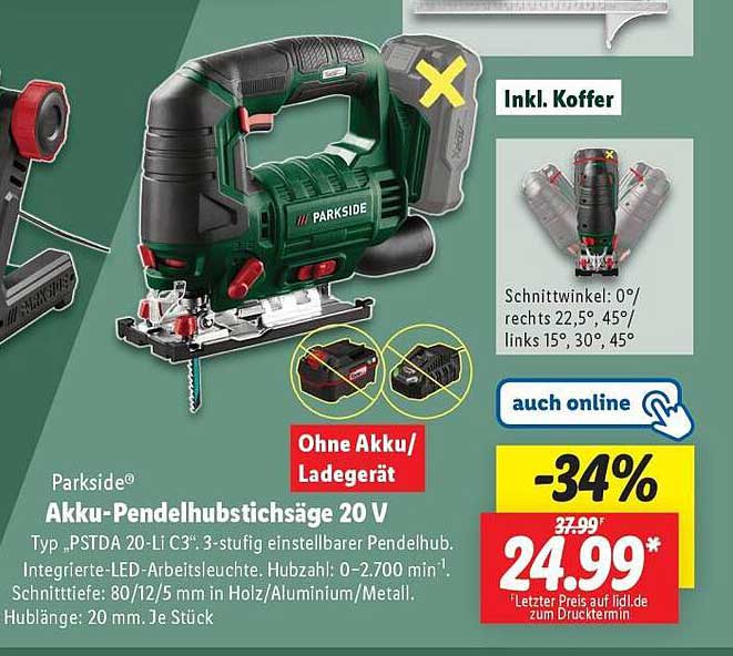 Parkside Akku-Pendelhubstichsäge 20 V