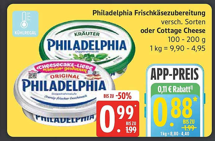 Philadelphia Frischkäsezubereitung - Verschiedene Sorten oder Cottage Cheese 100 - 200 g
