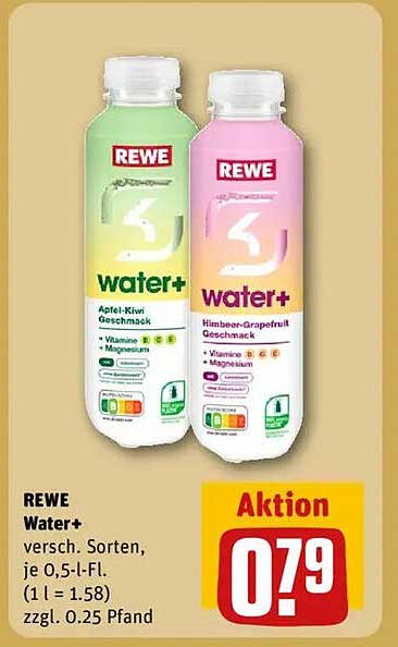 REWE Water+ verschiedene Sorten, je 0,5-l-Fl.