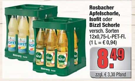 Rosbacher Apfelschorle, Isofit oder Bizzi Schorle 12 x 0,75 L