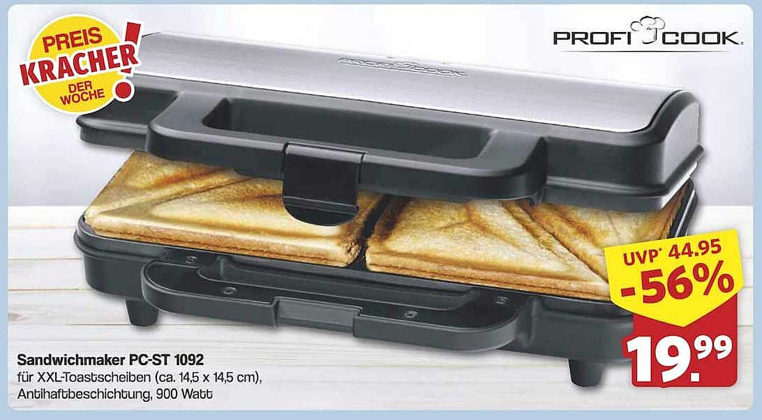 Sandwichmaker PC-ST 1092 für XXL-Toastscheiben (ca. 14,5 x 14,5 cm), Antihaftbeschichtung, 900 Watt