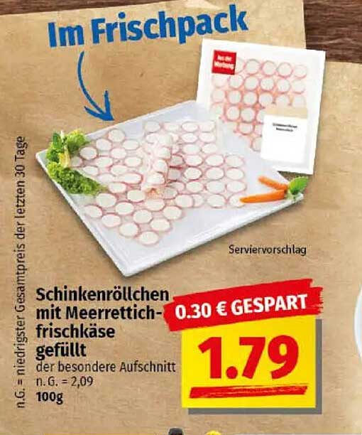 Schinkenröllchen mit Meerrettich-Frischkäse gefüllt